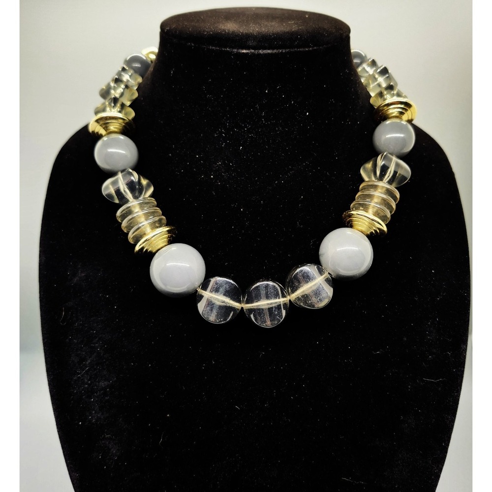 Chunky Statement Choker Necklace Grey Clear Gold Tone Beaded Fashion Jewelry